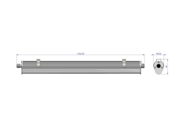 Wymiary oprawy przemyslowej LED 1440 PD1 dlugosc 1440 mm szerokosc 48 mm wysokosc 57 mm waga 1,85 kg
