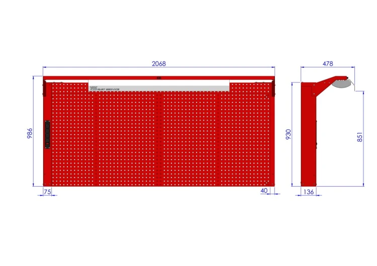 Solidna Tablica Narzędziowa z Oświetleniem LED i Zasilaniem N207-01-01 - ściana perforowana 10x10 mm
