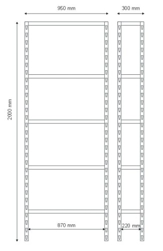Regał magazynowy 2000x950x300 - 5 półkowy lekki R-1-05-01 - nośność 120 kg
