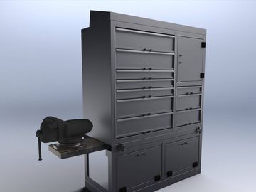 Projekt 3D zabudowy z modułami szufladowymi i imadłem
